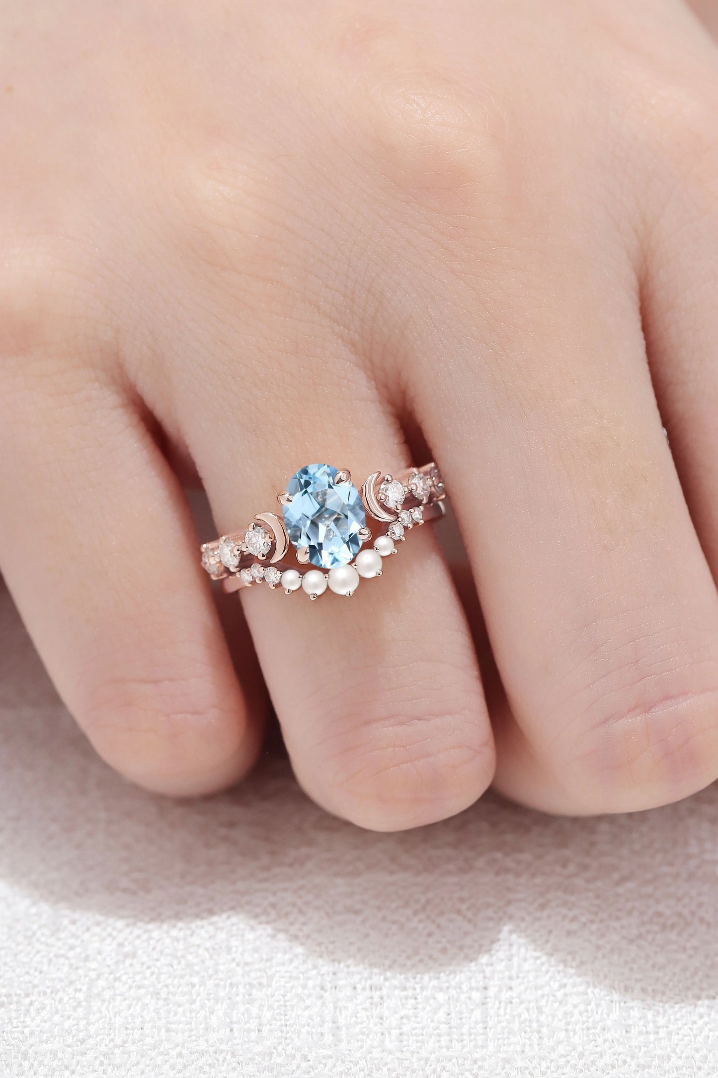 Oval Aquamarine Moon Seven Stone Gemstone Ring Set 2pcs