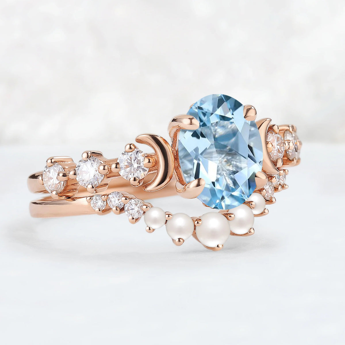 Oval Aquamarine Moon Seven Stone Gemstone Ring Set 2pcs