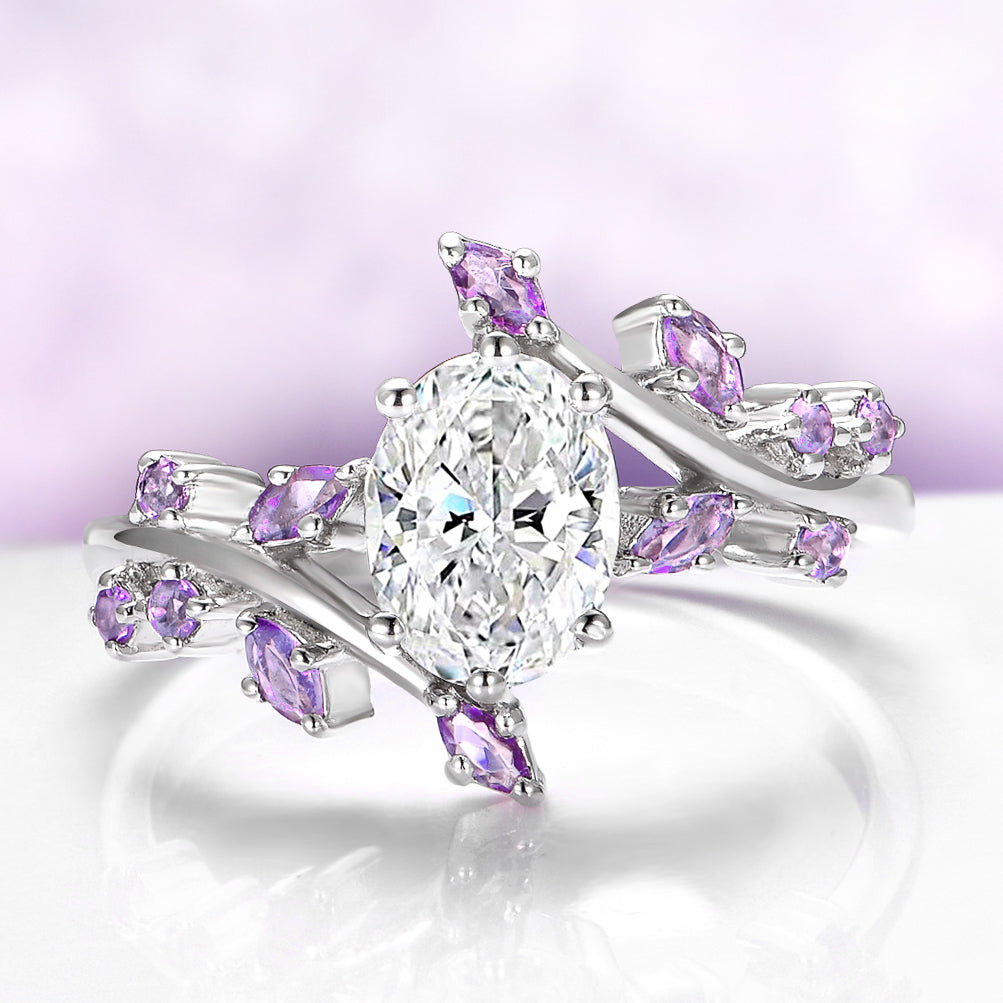 Oval Moissanite & Amethyst Leaf Engagement Ring in 14K White Gold