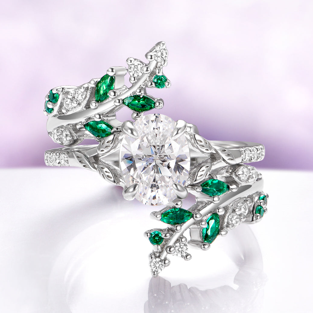 Moissanite & Emerald Fairy Leaf Engagement Ring Set in 14K White Gold