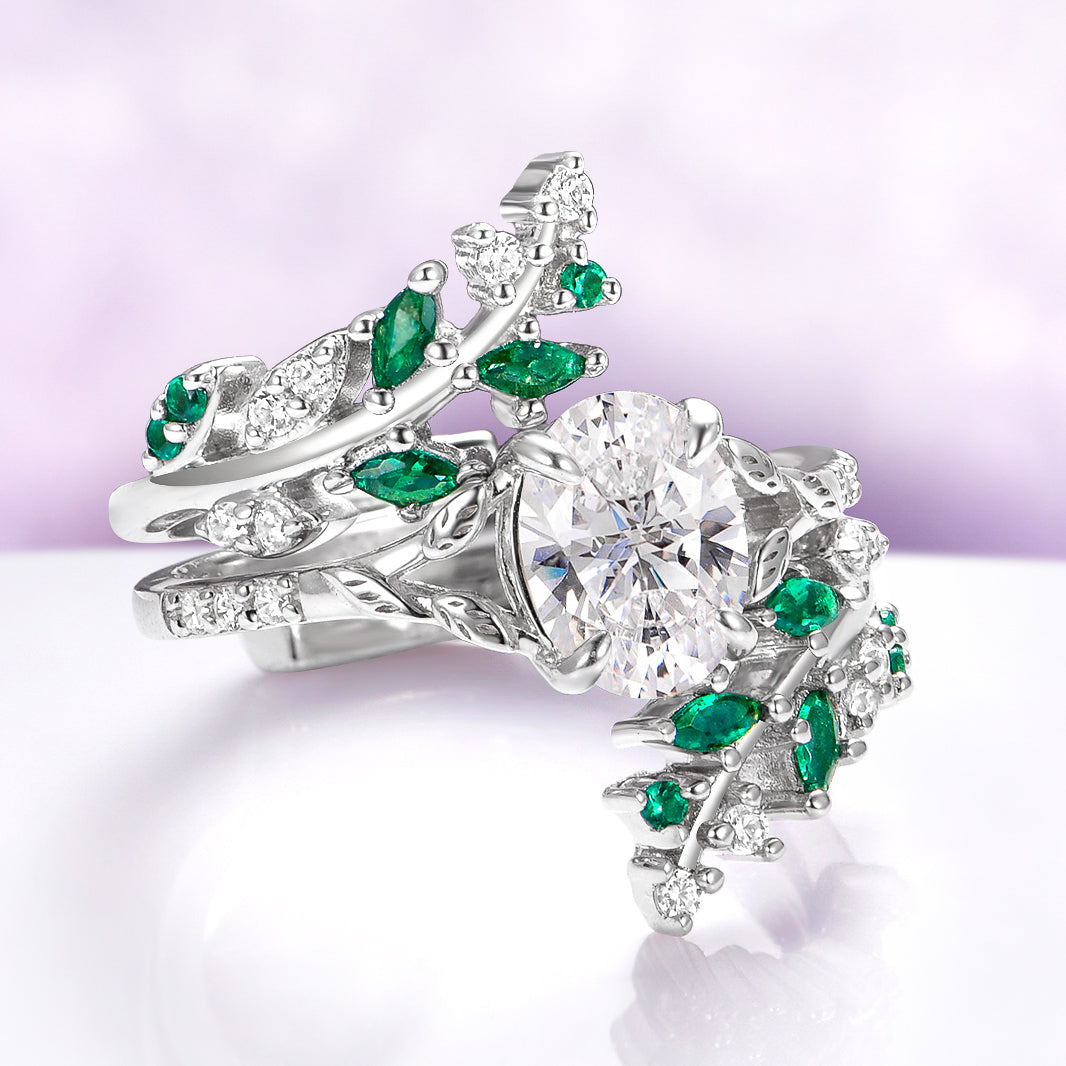 Moissanite & Emerald Fairy Leaf Engagement Ring Set in 14K White Gold