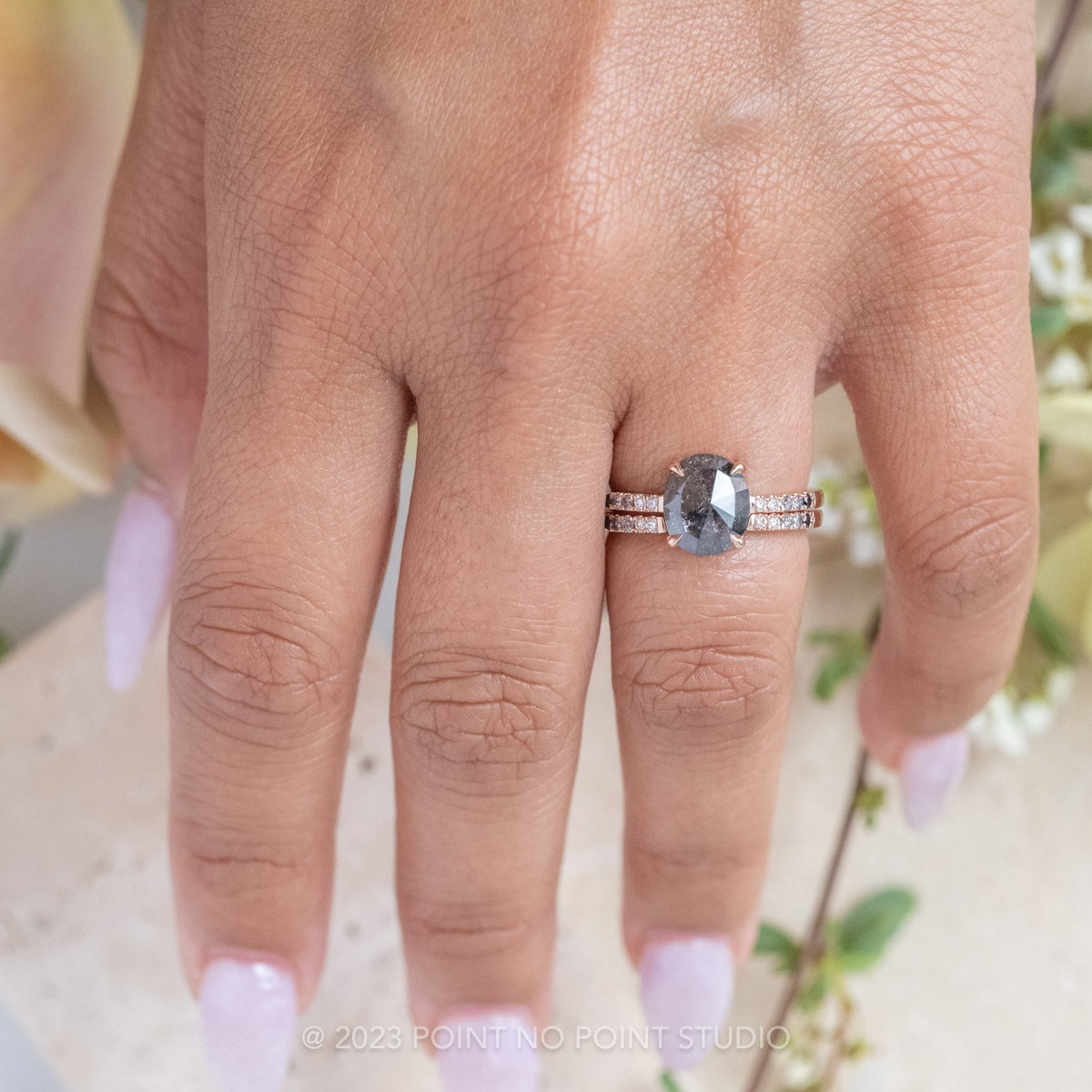 3.10 Carat Black Salt and Pepper Oval Diamond Engagement Ring, Ombre Jules Setting