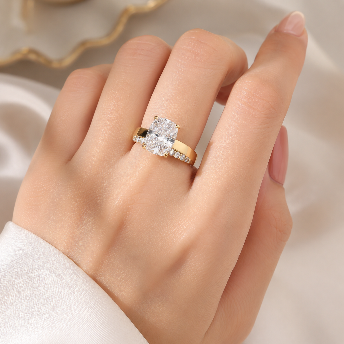 Cushion Cut Solitaire with Pavé Band Sterling Silver Bridal Set