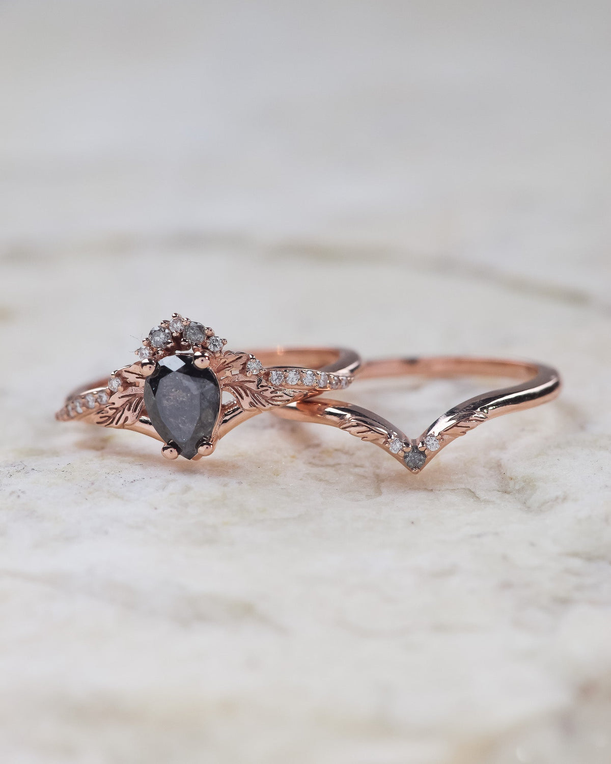 READY TO SHIP Amelia in 14K rose gold, bridal ring set with natural salt & pepper diamonds, AVAILABLE RING SIZES: 5.5 - 8.5 US