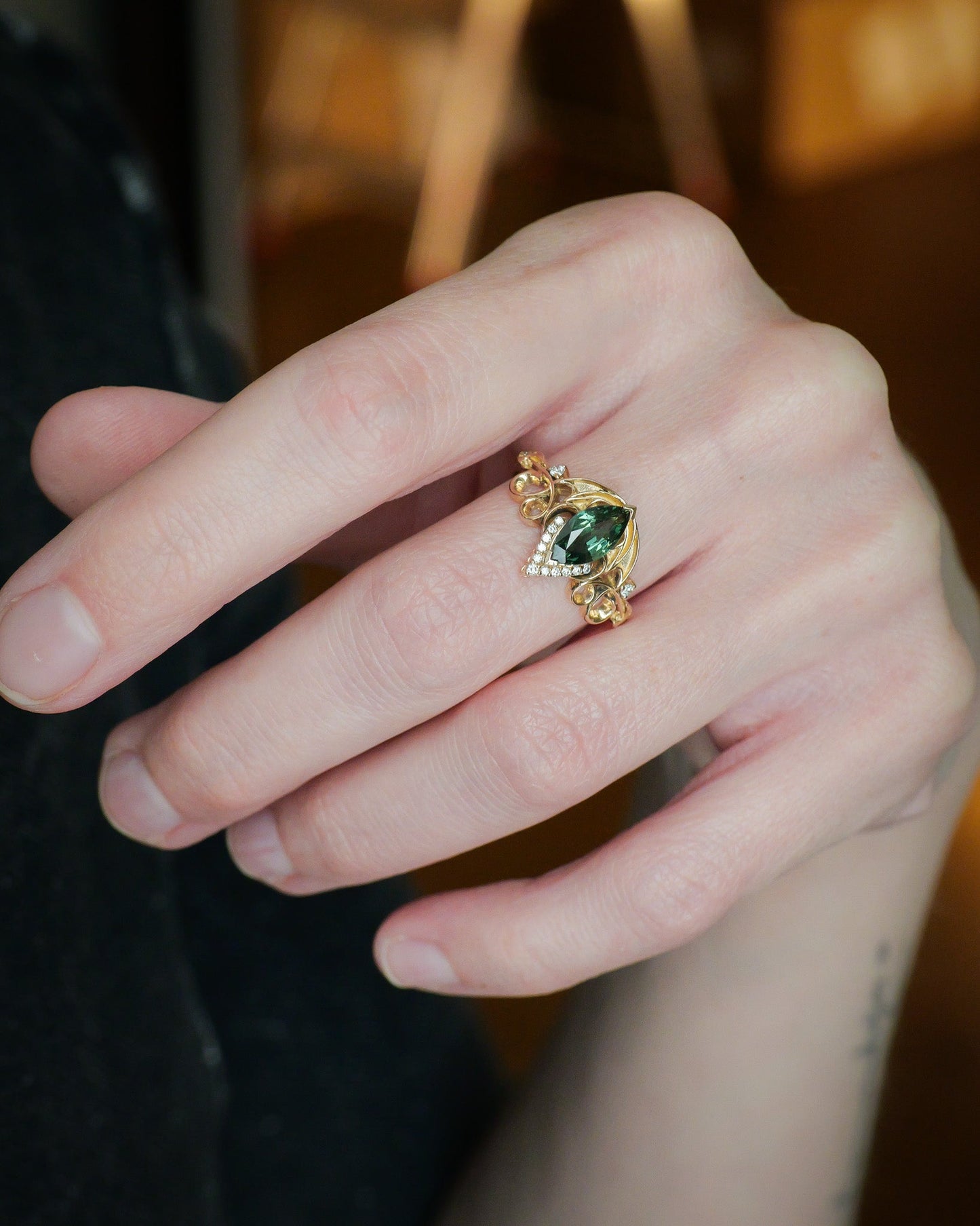 Dragon Inspired Ring Set With Green Marquise Sapphire / Draco
