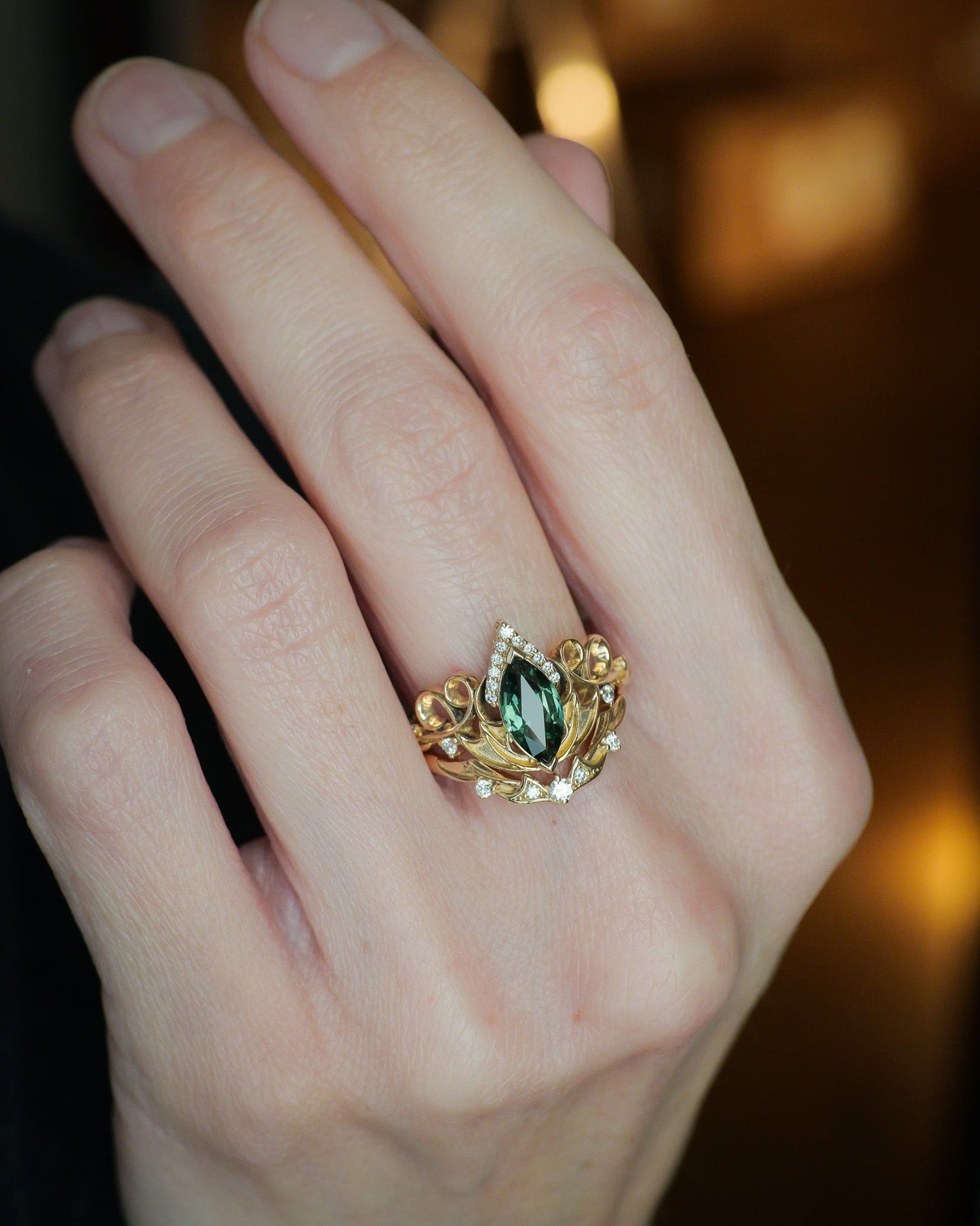 READY TO SHIP Draco Engagement Ring With Green Marquise Sapphire, 14K yellow gold, RING SIZES 5.5 - 8.5 US