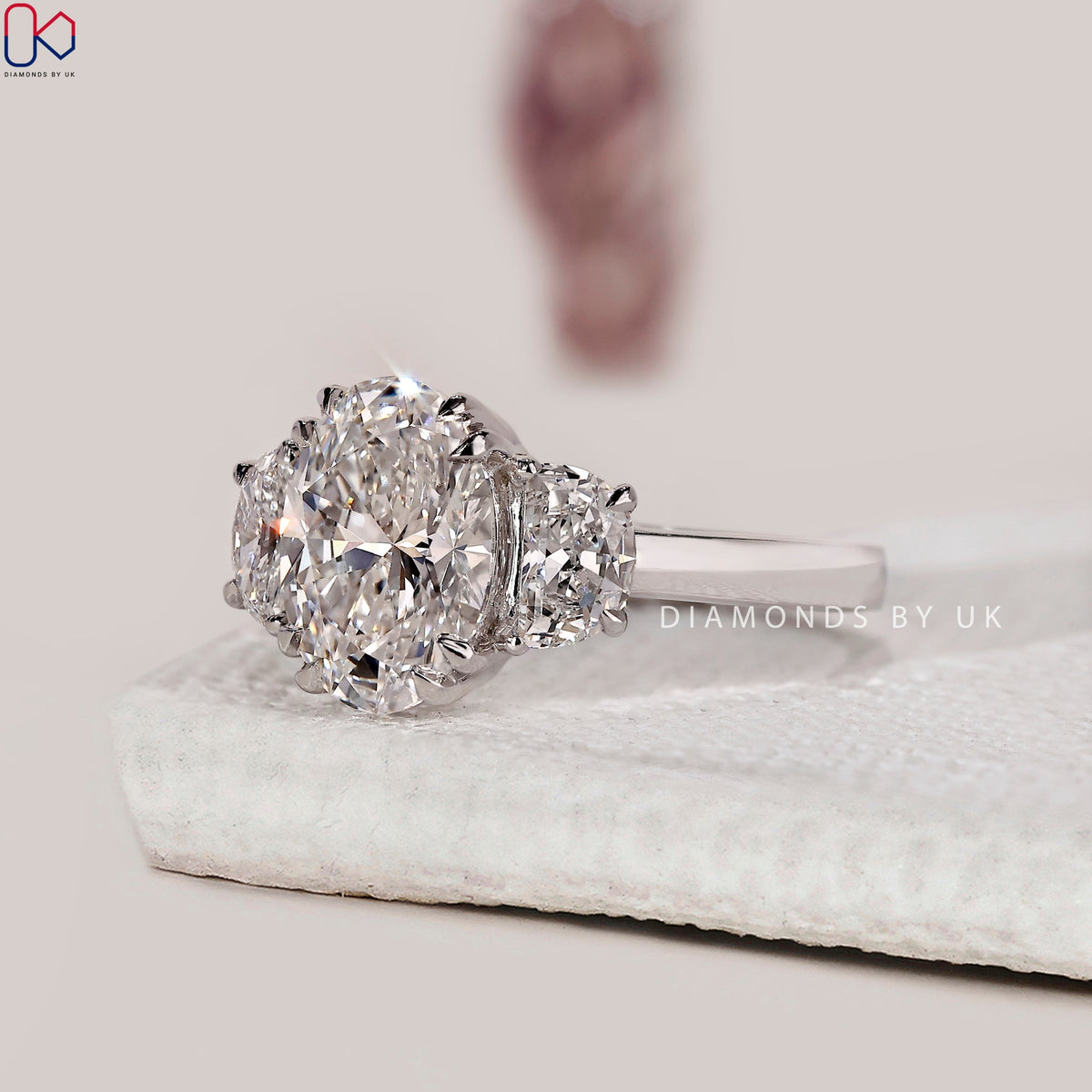 3 Stone Oval Diamond Engagement Ring In White Gold