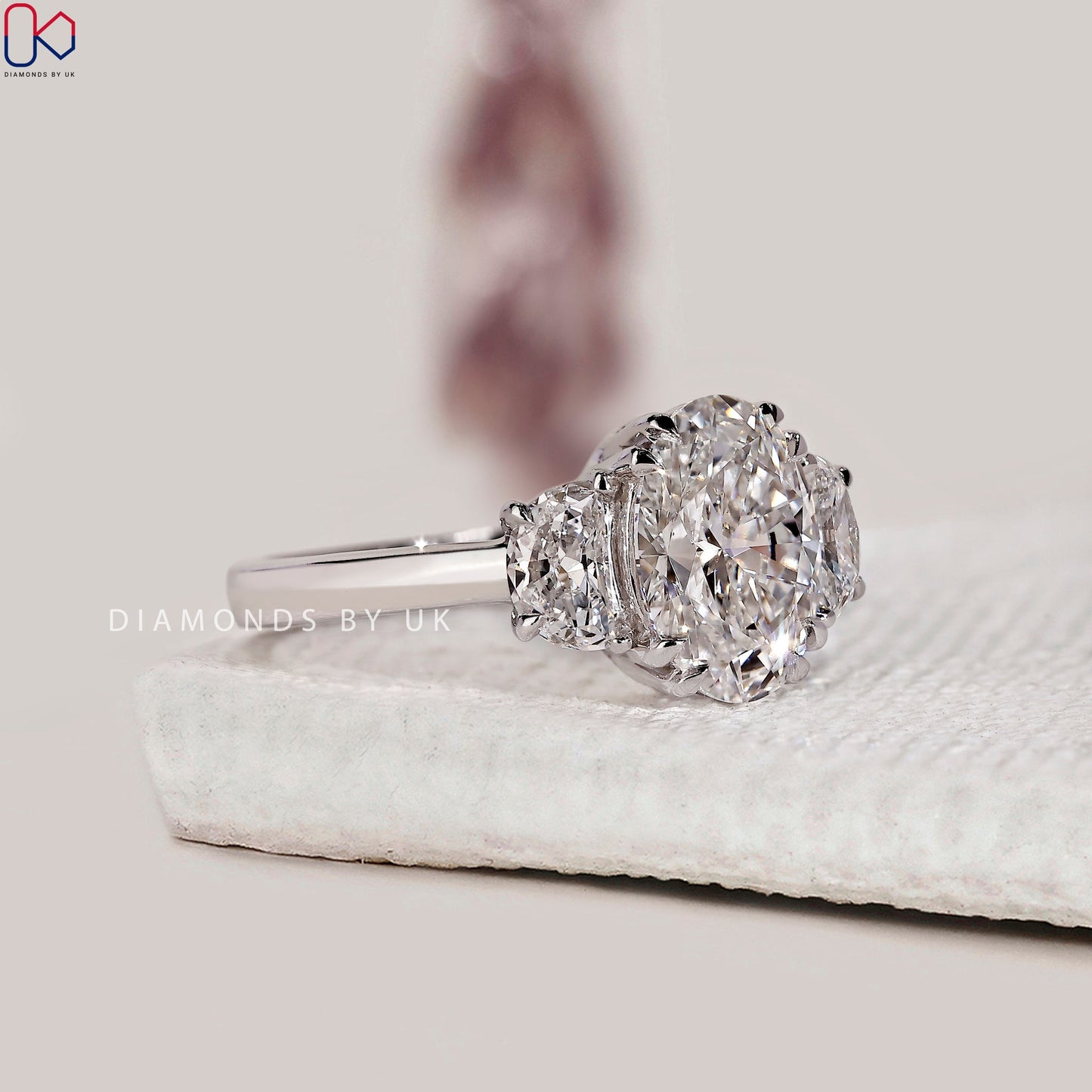3 Stone Oval Diamond Engagement Ring In White Gold