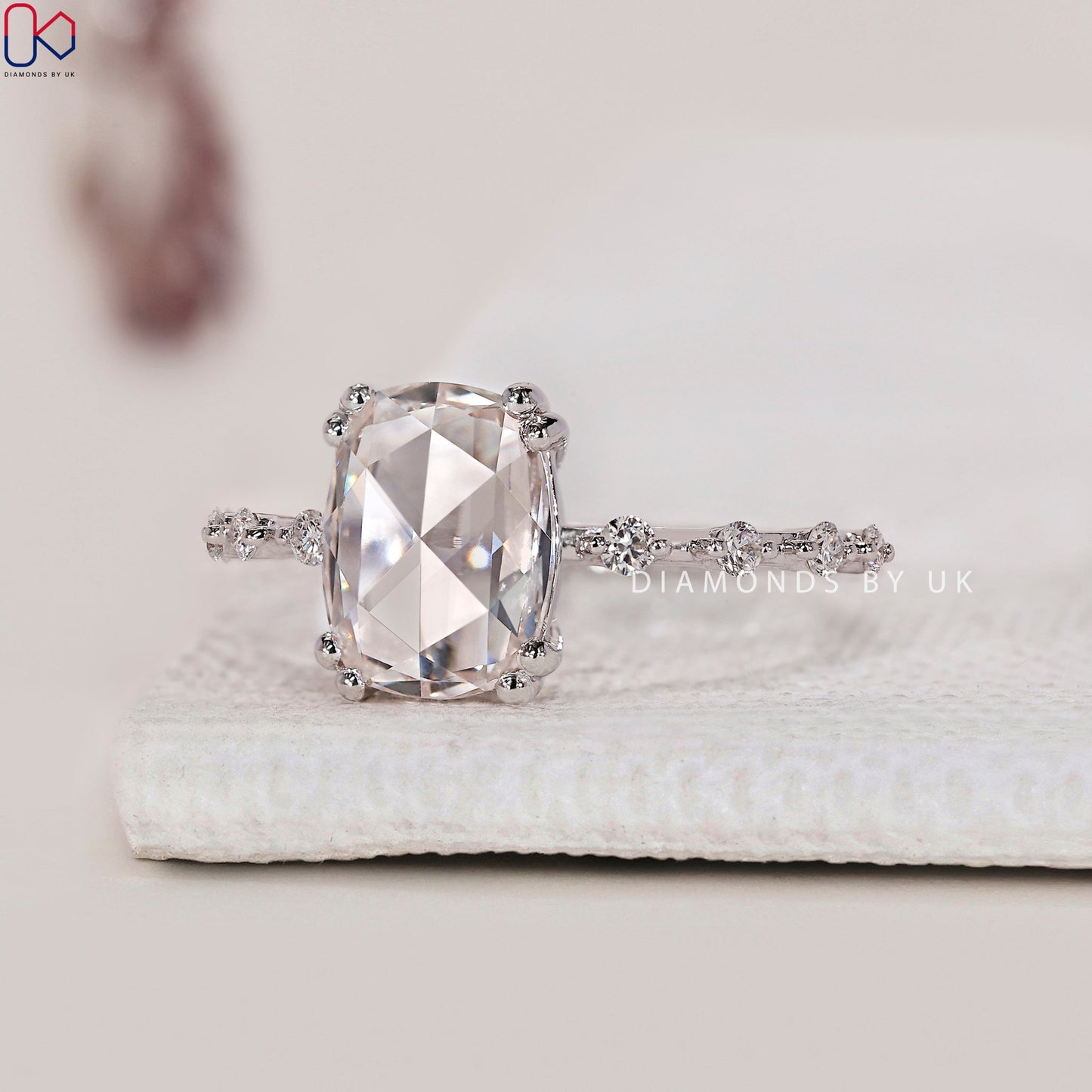 Cushion Rose Cut Diamond Engagement Ring with Distance Pave
