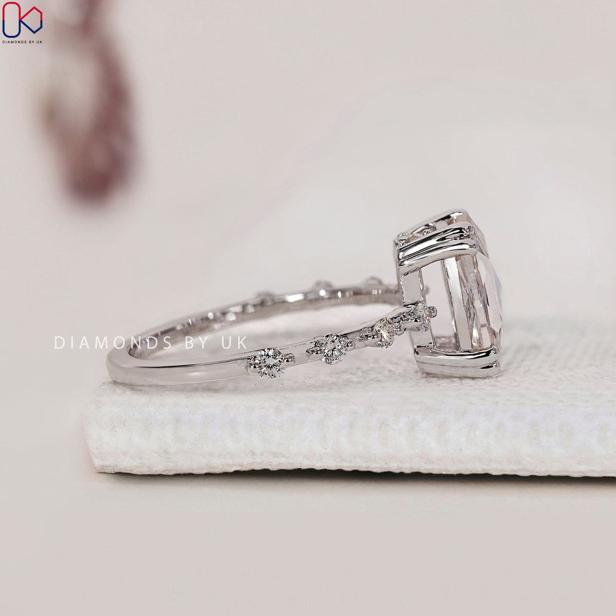 Cushion Rose Cut Diamond Engagement Ring with Distance Pave
