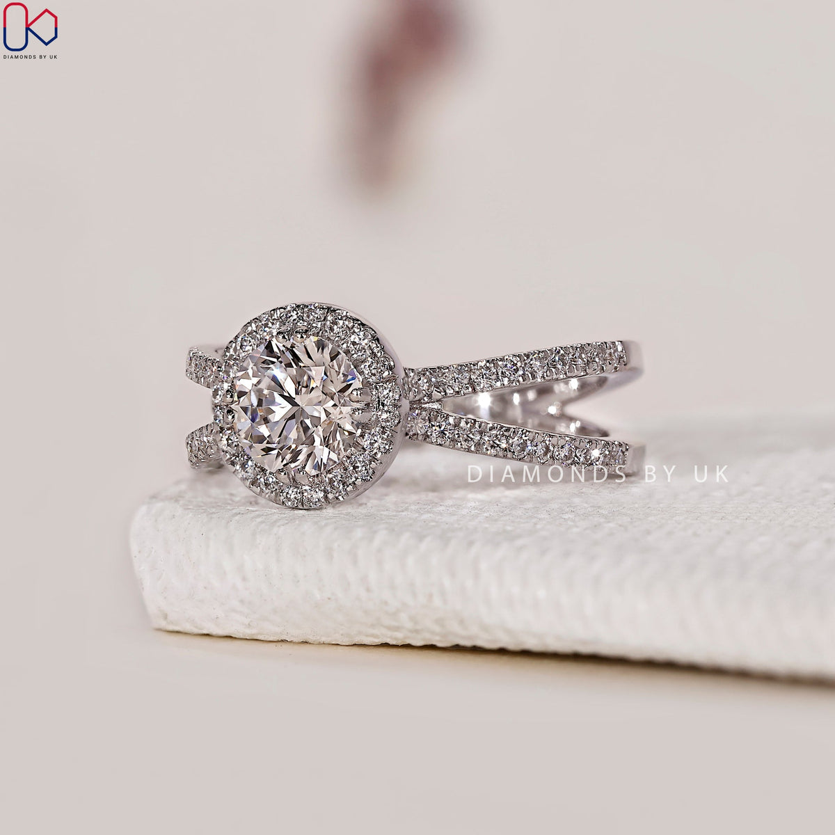 Halo Diamond Engagement Ring - Split Shank Pave Band