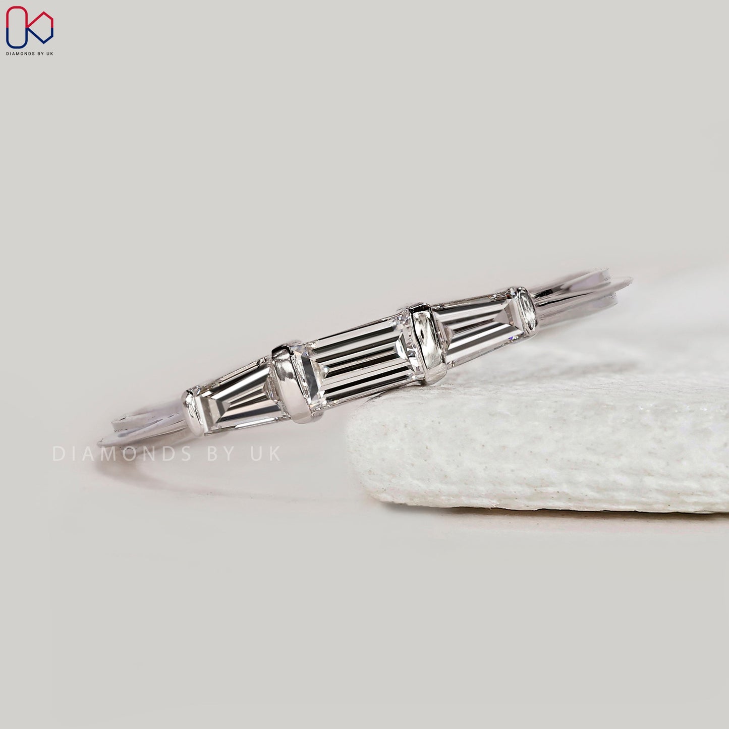 Baguette Cut 3 Stone Wedding Band in White Gold