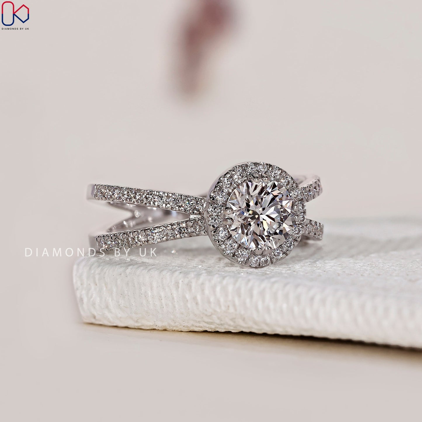 Halo Diamond Engagement Ring - Split Shank Pave Band