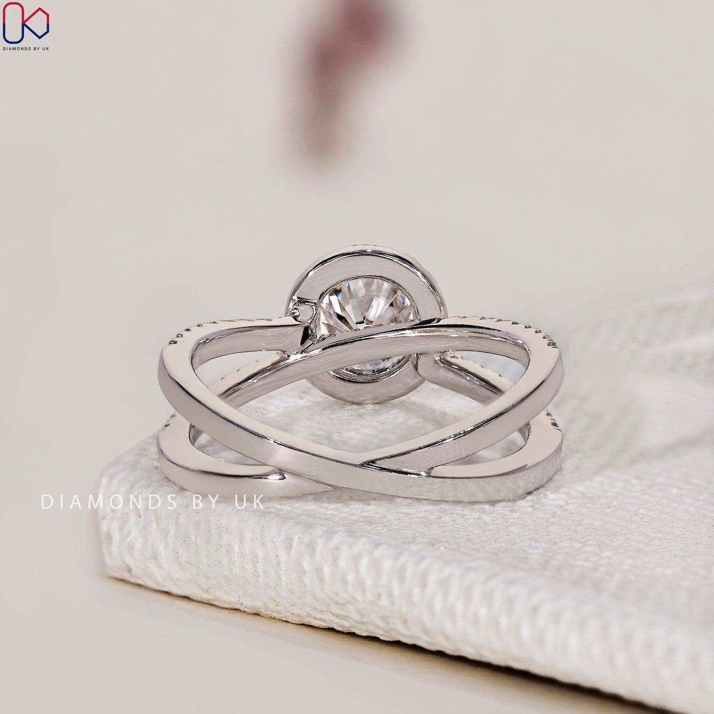 Halo Diamond Engagement Ring - Split Shank Pave Band