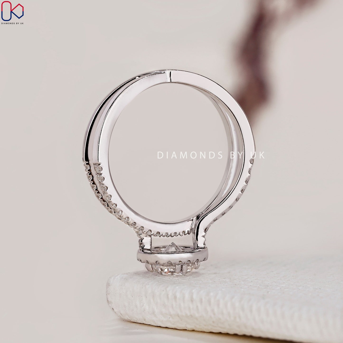 Halo Diamond Engagement Ring - Split Shank Pave Band