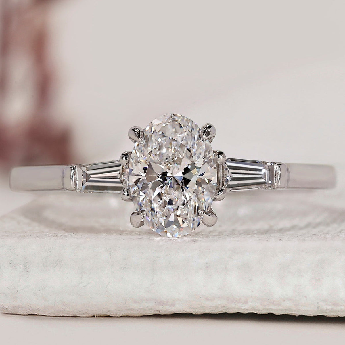 3 Stone Diamond Ring With Oval And Tapered Baguette Stone