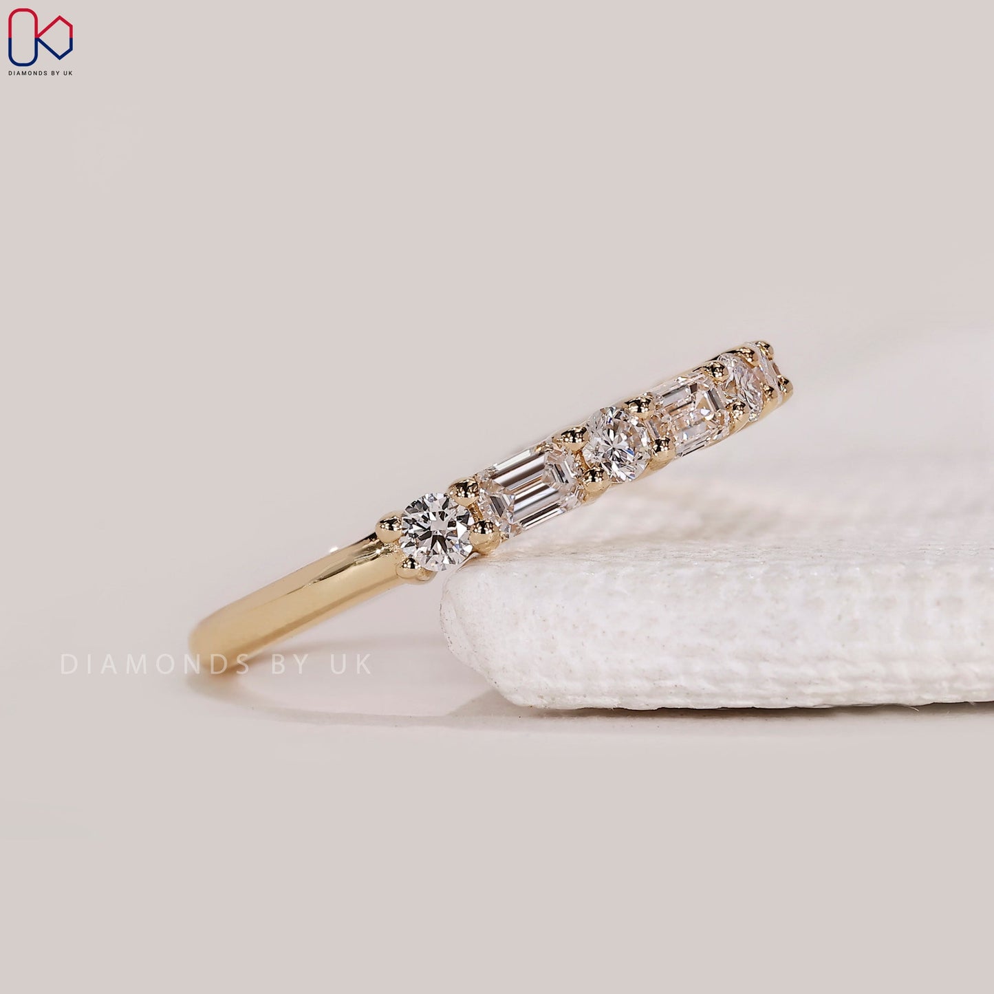 Half Eternity Emerald and Round Wedding Band