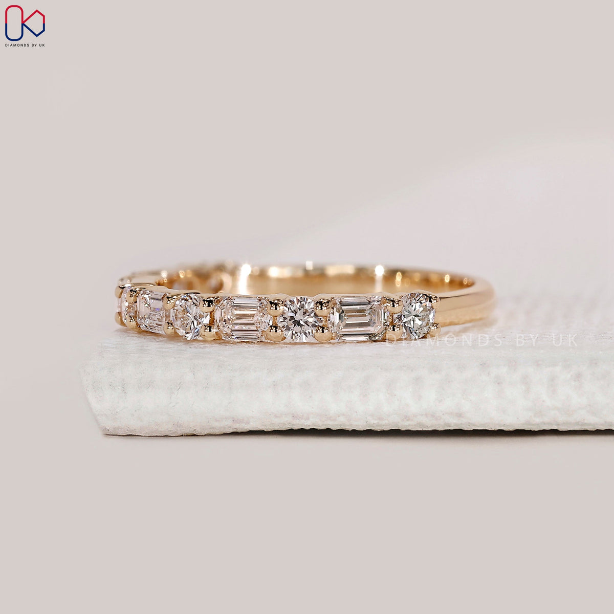 Half Eternity Emerald and Round Wedding Band