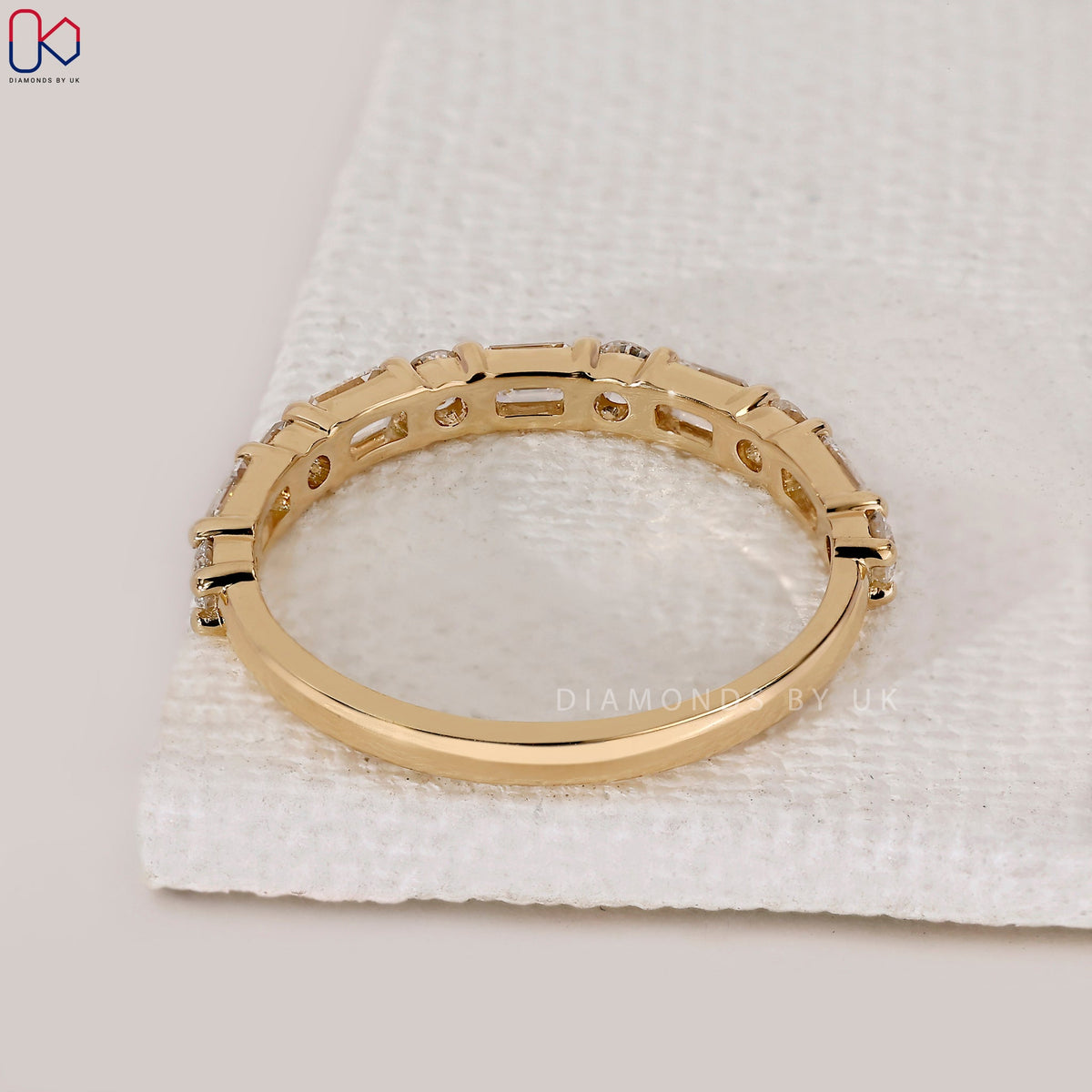 Half Eternity Emerald and Round Wedding Band
