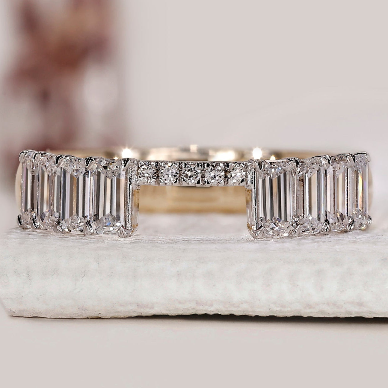 Emerald Cut Yellow And White Gold Wedding Band
