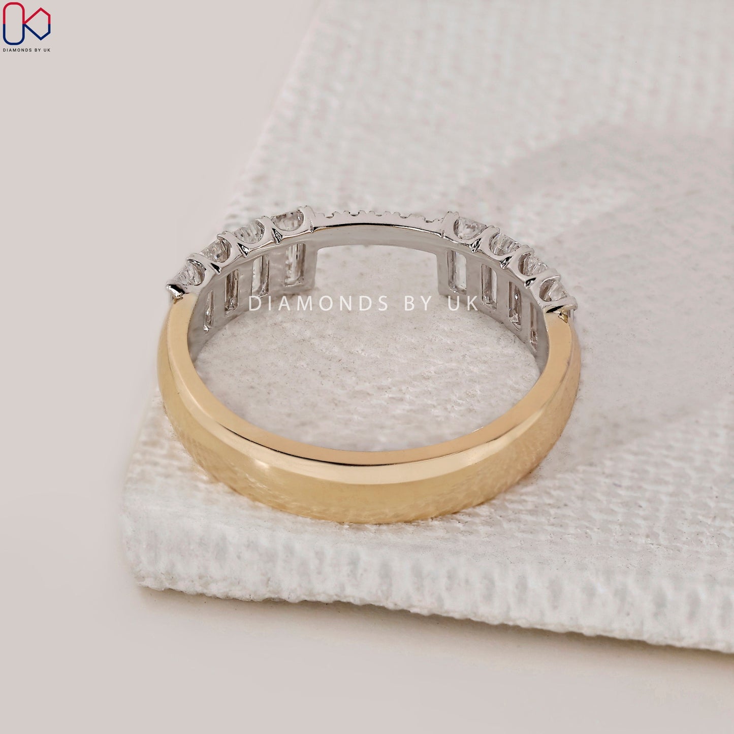 Emerald Cut Yellow And White Gold Wedding Band