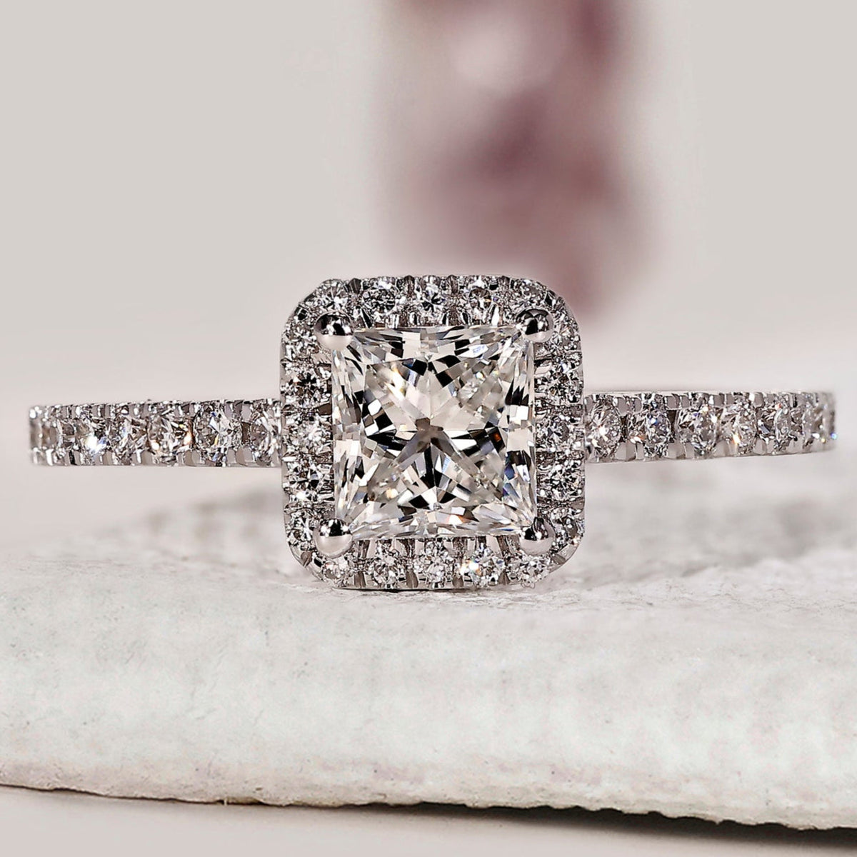 Princess Cut Engagement Ring With Halo and Pave Setting