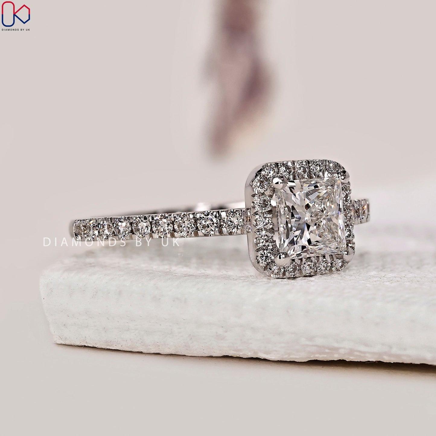 Princess Cut Engagement Ring With Halo and Pave Setting