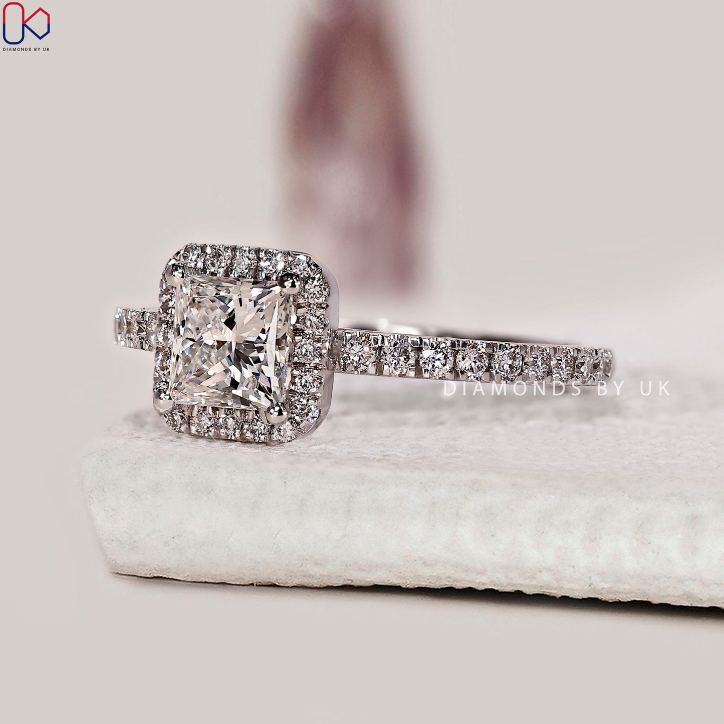Princess Cut Engagement Ring With Halo and Pave Setting