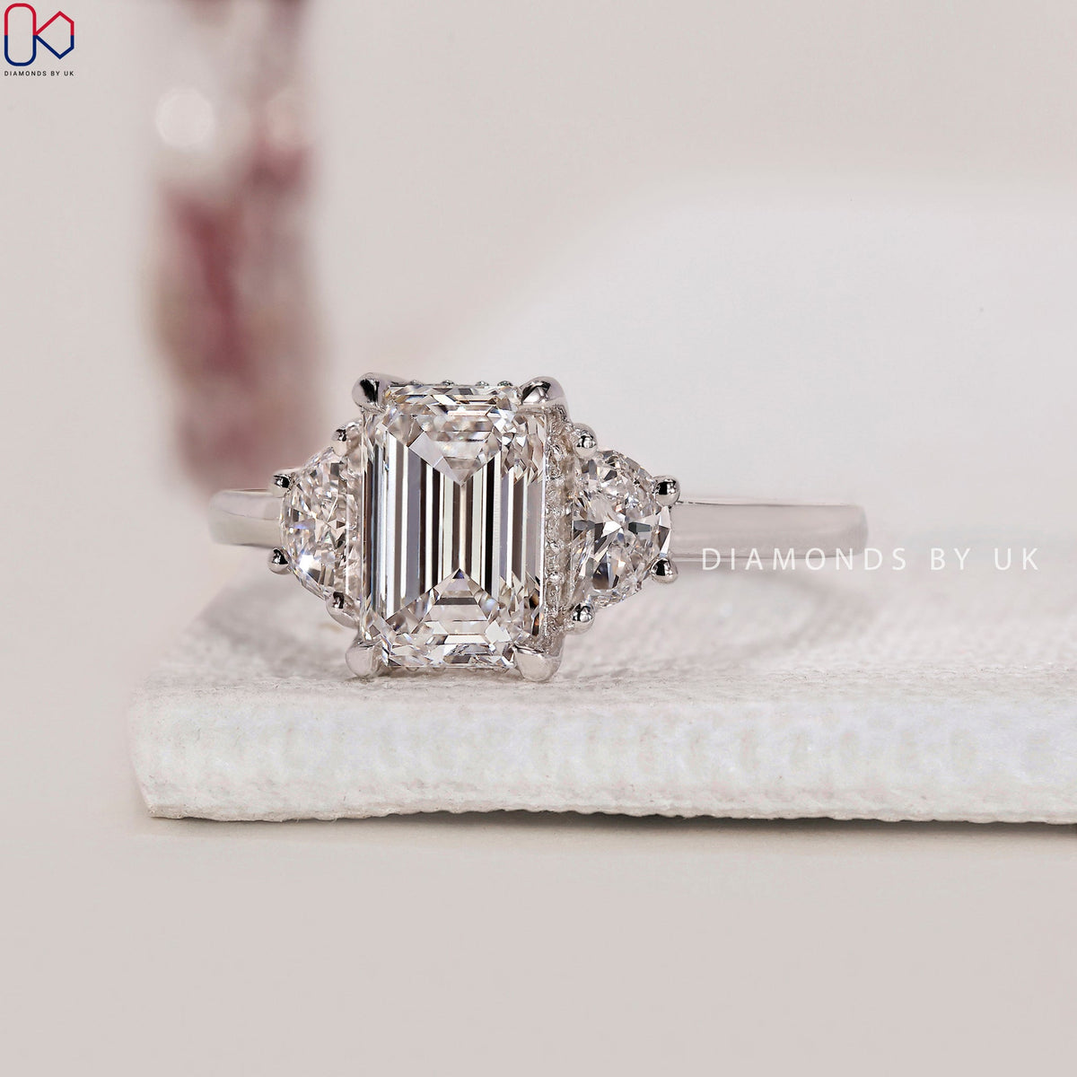 Emerald Cut 3 diamond engagement ring with Half Moon Sides