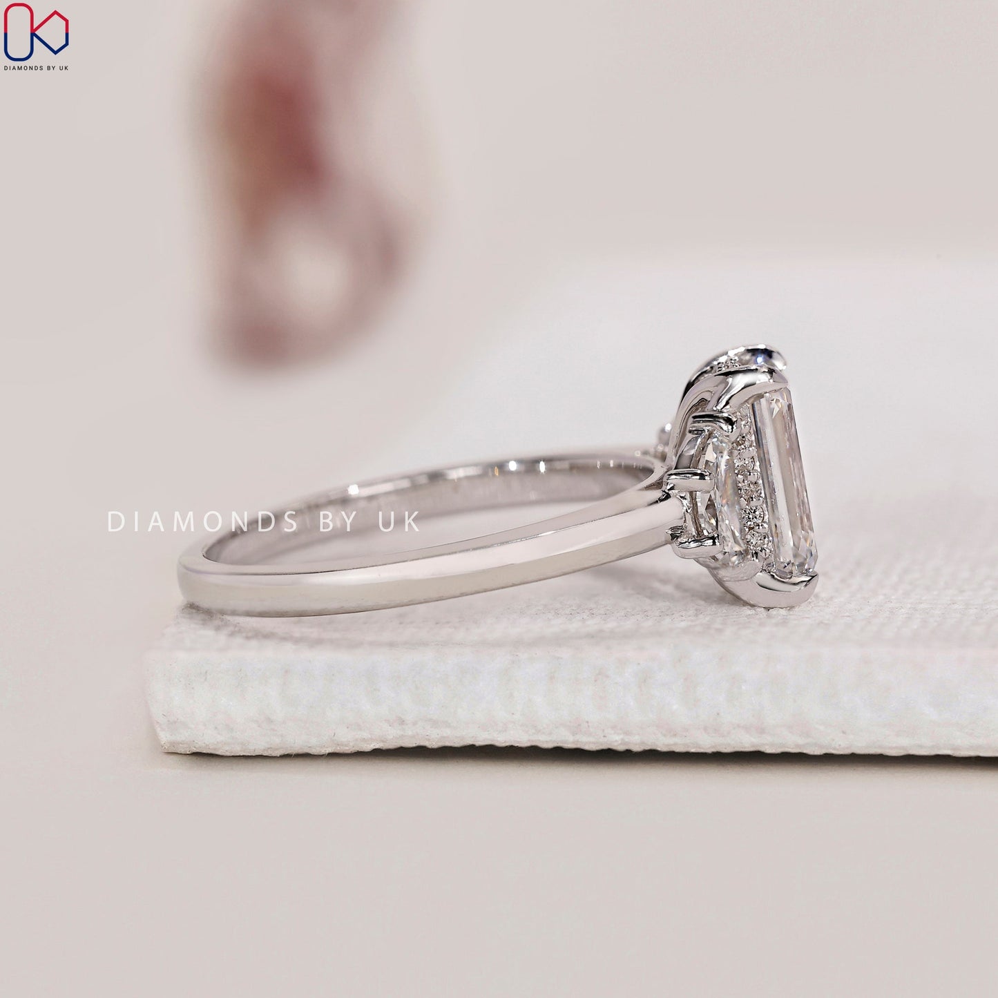 Emerald Cut 3 diamond engagement ring with Half Moon Sides