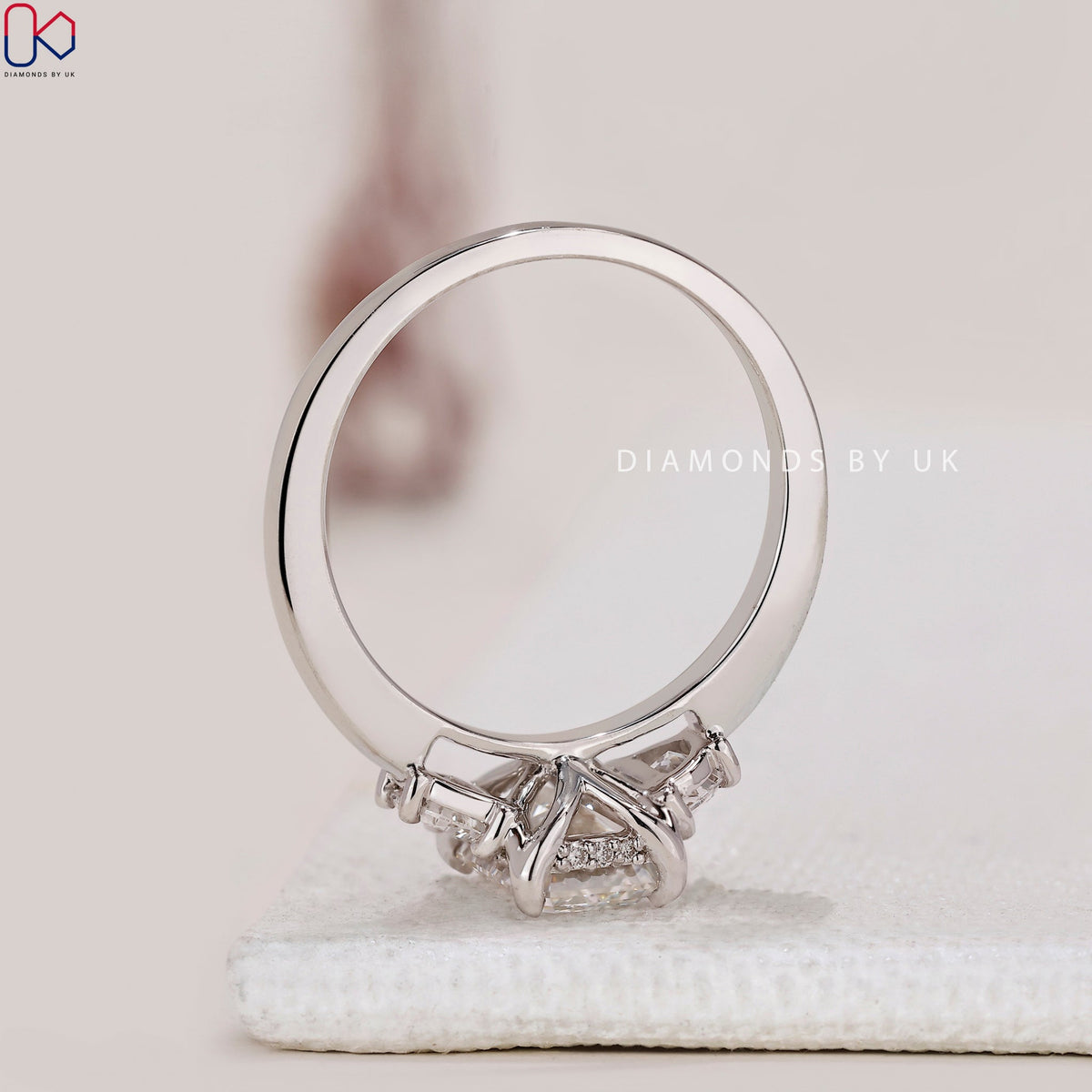 Emerald Cut 3 diamond engagement ring with Half Moon Sides