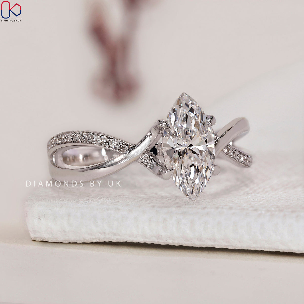 Marquise Cut Diamond Ring - Twisted Pave Style