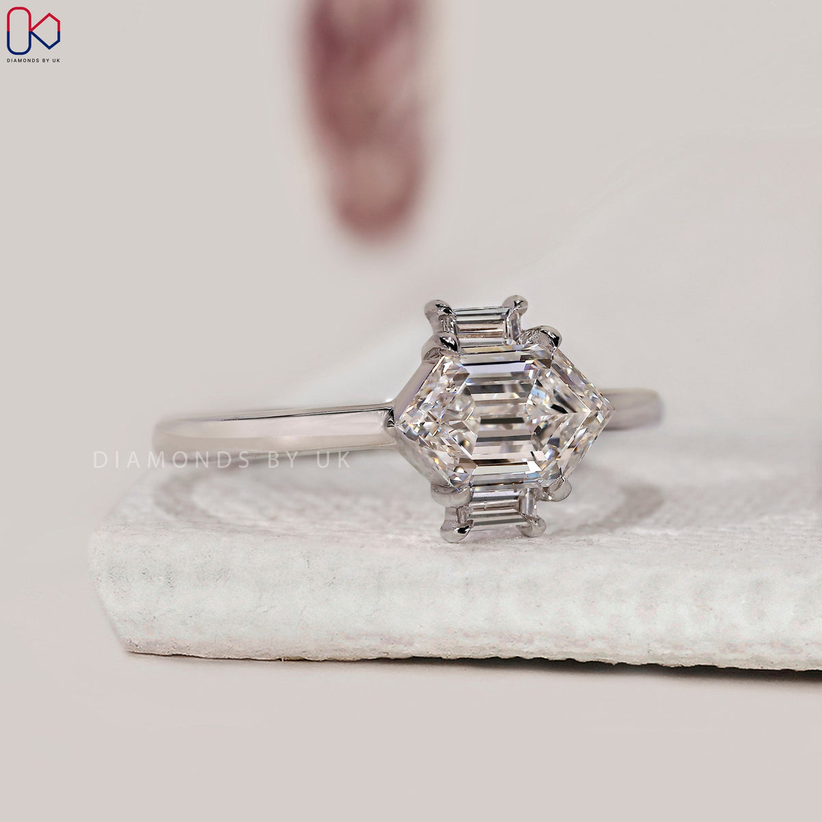 Hexagon Cut East West Diamond Ring In White Gold