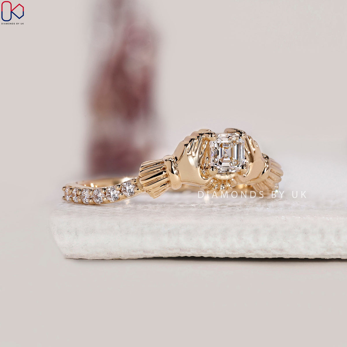 Asscher Cut Gold Claddagh Ring