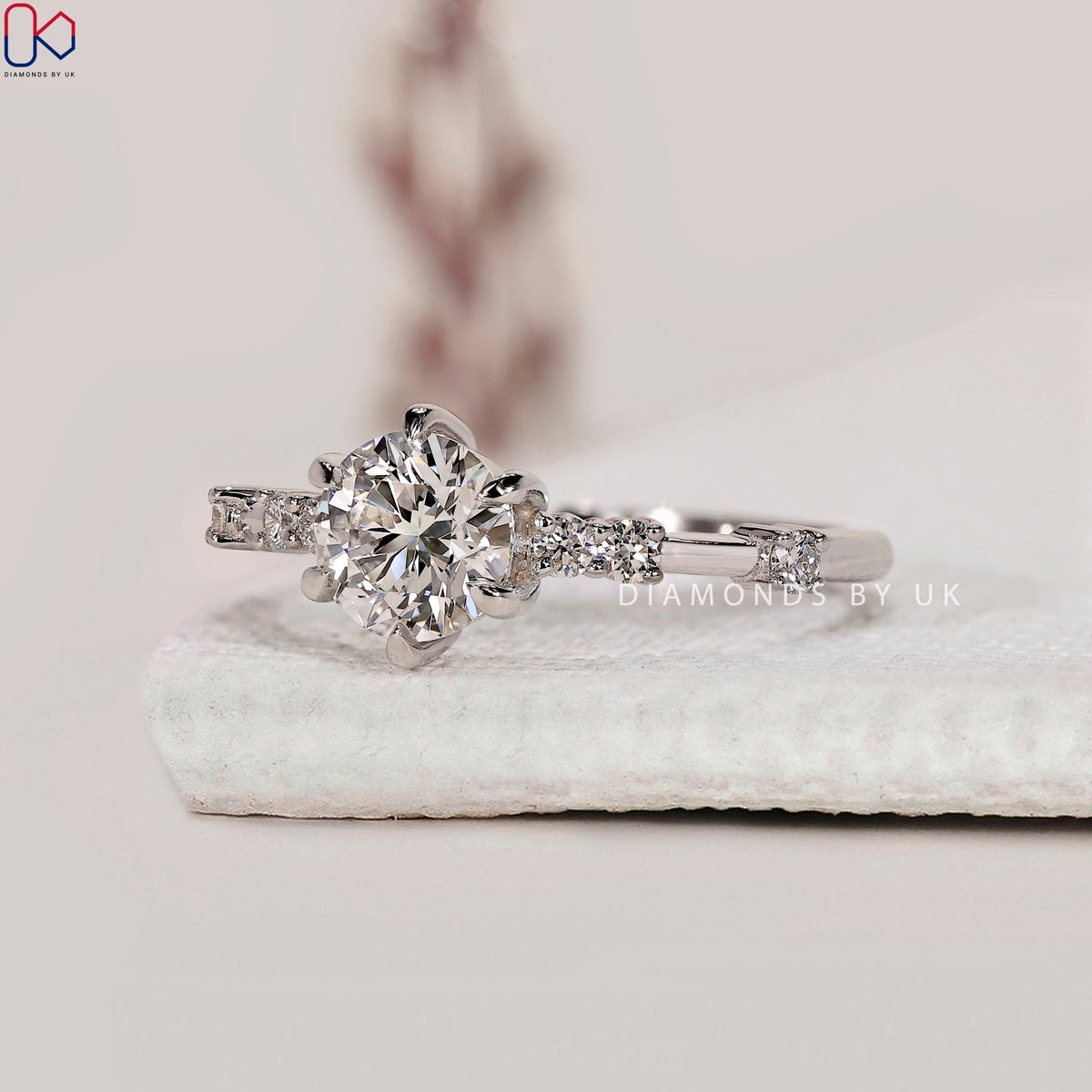 Round Diamond Engagement Ring With Distance Pave Band