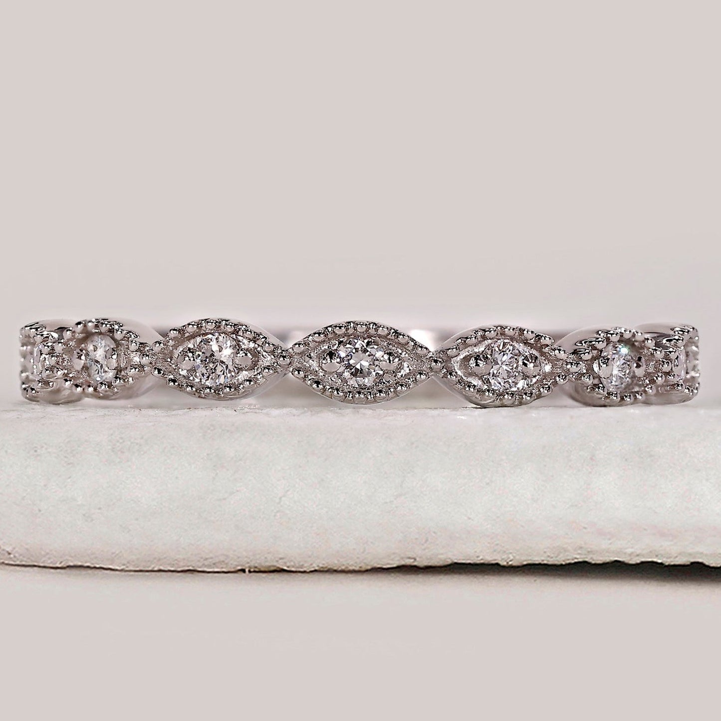 Round Diamond Half Eternity Milgrain Wedding Band