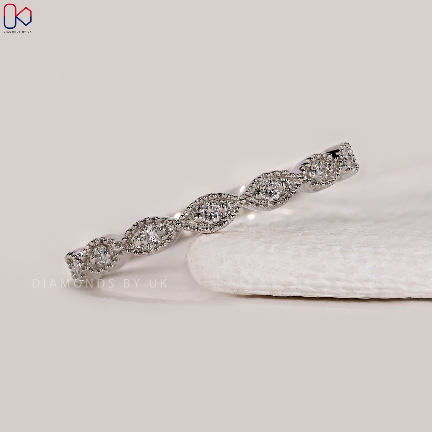 Round Diamond Half Eternity Milgrain Wedding Band