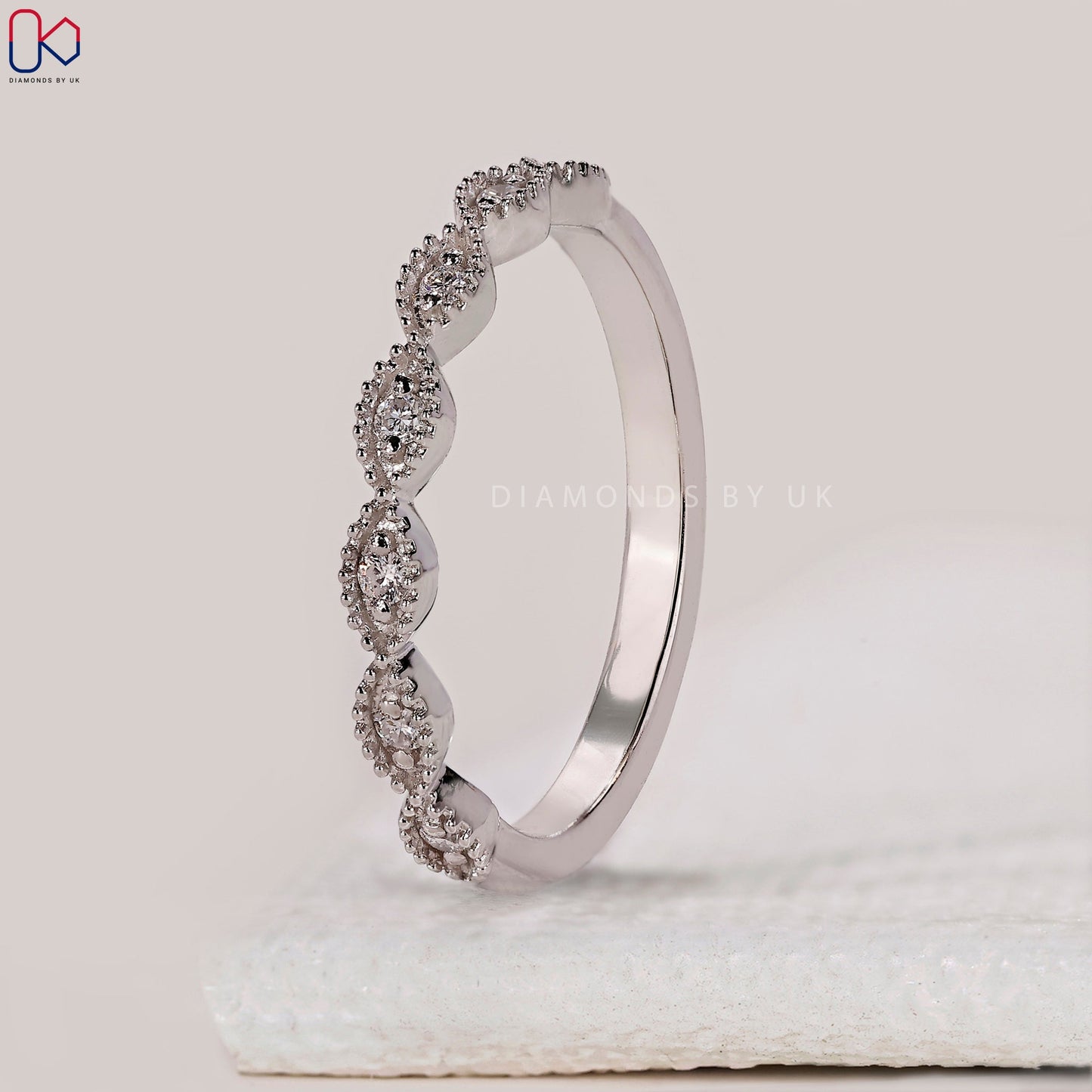 Round Diamond Half Eternity Milgrain Wedding Band