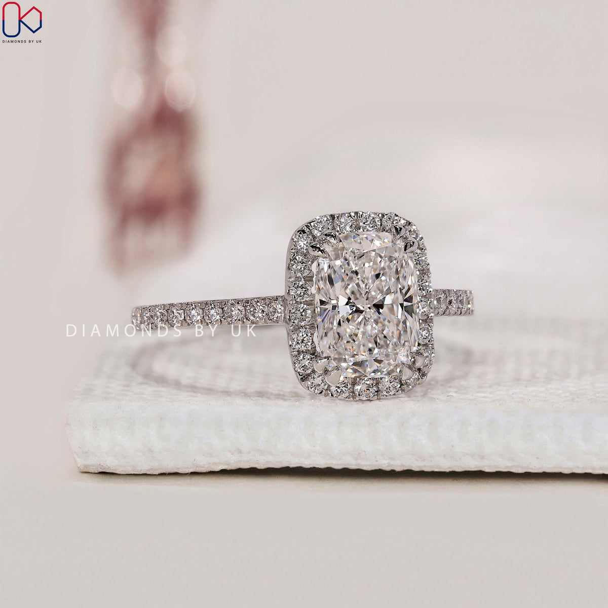 Elongated Cushion Cut Diamond Ring In White Gold