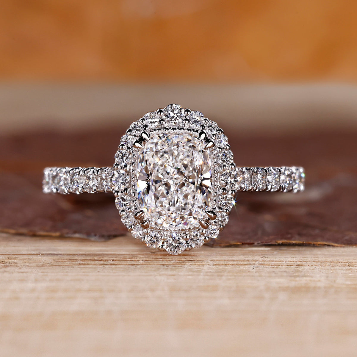 Elongated Cushion Engagement Ring in Cathedral Setting
