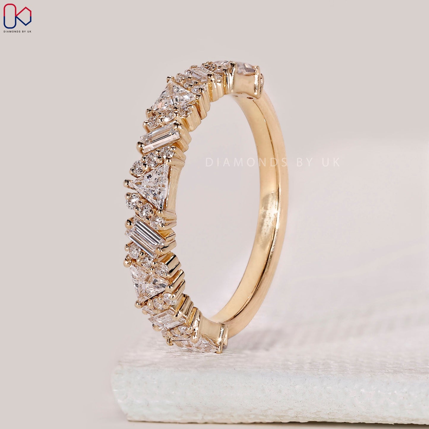 Round, Baguette and Trillion Cut Half Eternity Band
