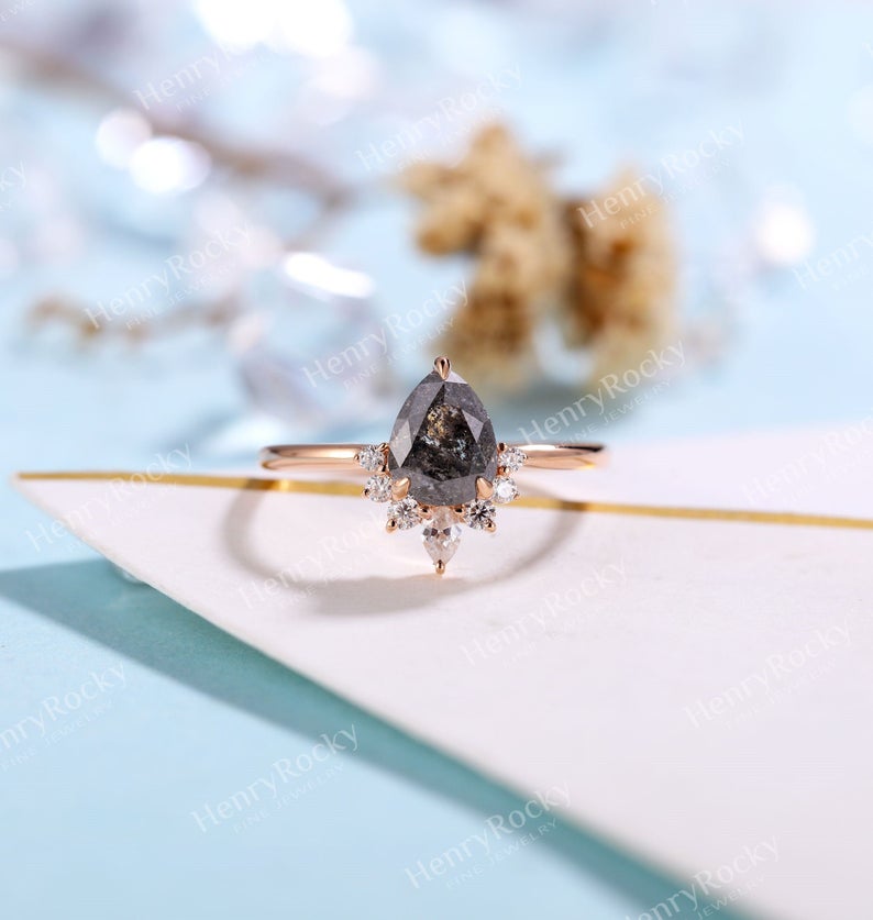 Vintage Salt and Pepper Diamond Engagement Ring Rose Gold ring | Pear shaped Bridal ring | Art deco Wedding Ring | Anniversary Promise ring