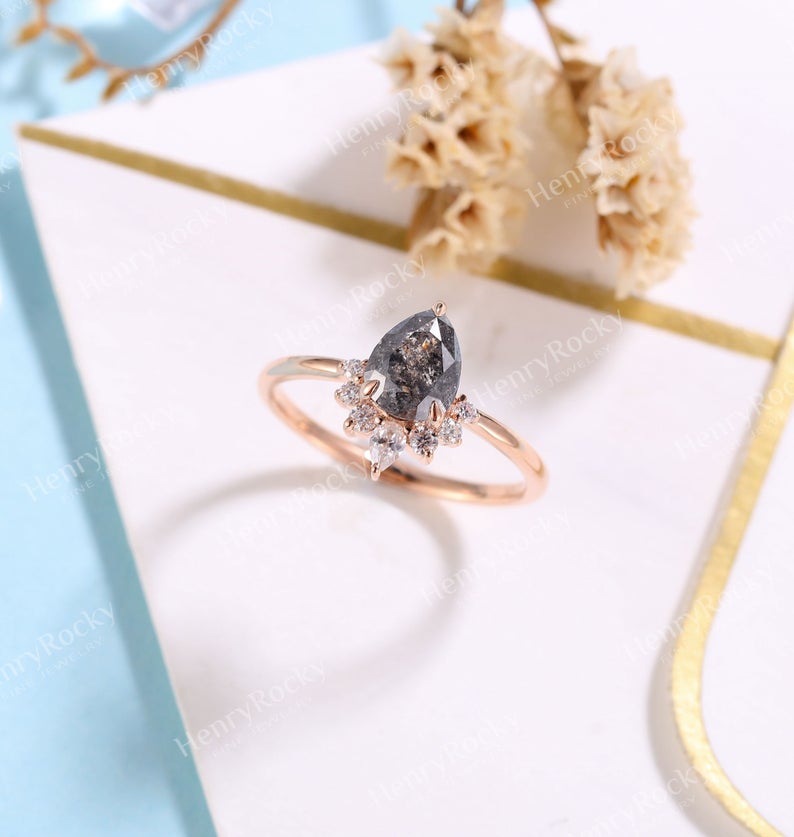 Vintage Salt and Pepper Diamond Engagement Ring Rose Gold ring | Pear shaped Bridal ring | Art deco Wedding Ring | Anniversary Promise ring