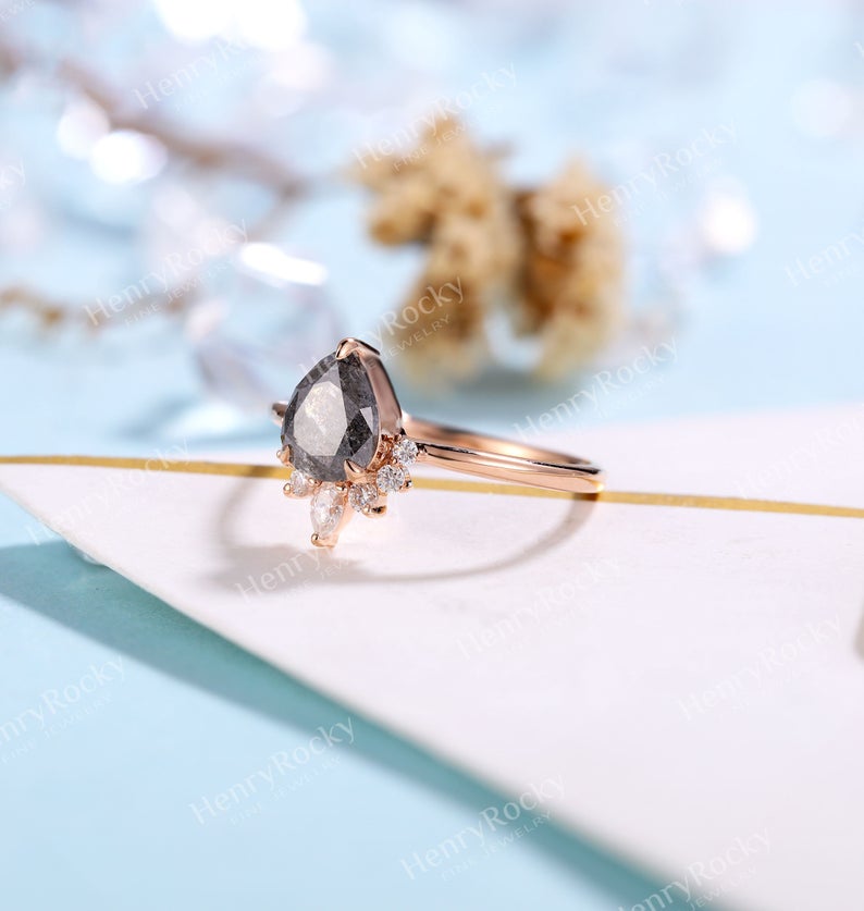 Vintage Salt and Pepper Diamond Engagement Ring Rose Gold ring | Pear shaped Bridal ring | Art deco Wedding Ring | Anniversary Promise ring