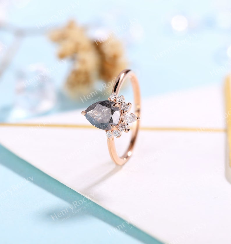Vintage Salt and Pepper Diamond Engagement Ring Rose Gold ring | Pear shaped Bridal ring | Art deco Wedding Ring | Anniversary Promise ring