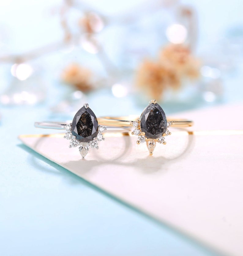 Vintage Salt and Pepper Diamond Engagement Ring Rose Gold ring | Pear shaped Bridal ring | Art deco Wedding Ring | Anniversary Promise ring