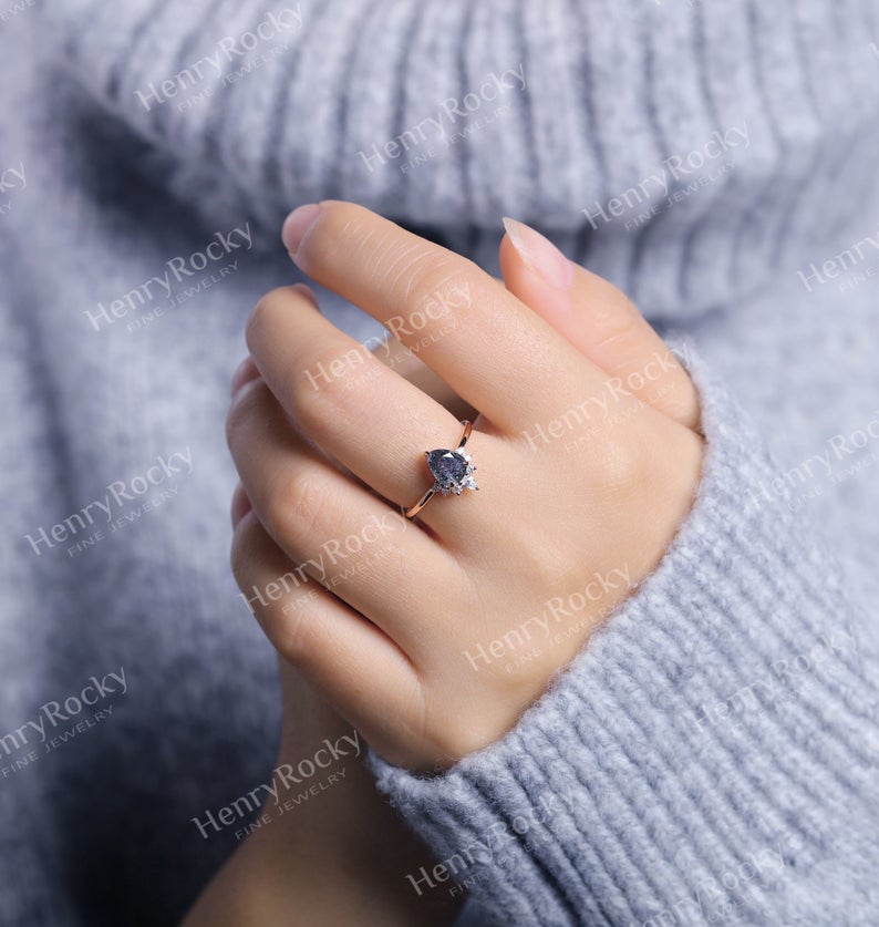 Vintage Salt and Pepper Diamond Engagement Ring Rose Gold ring | Pear shaped Bridal ring | Art deco Wedding Ring | Anniversary Promise ring