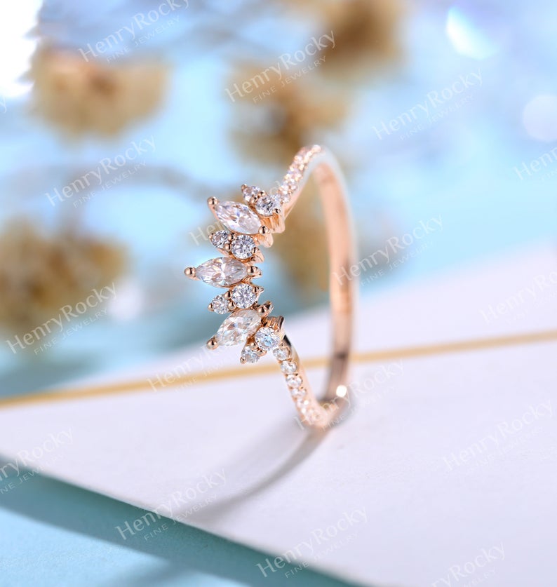 Vintage Moissanite wedding band women band | rose gold Diamond band | bridal ring |unique curved wedding ring| promise ring anniversary band
