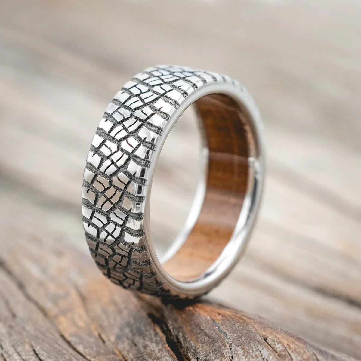 "Parcel" - Custom Embossed Tire Tread Wedding Ring With A Whiskey Barrel Lining - Titanium (8mm) - Size 9 1/2