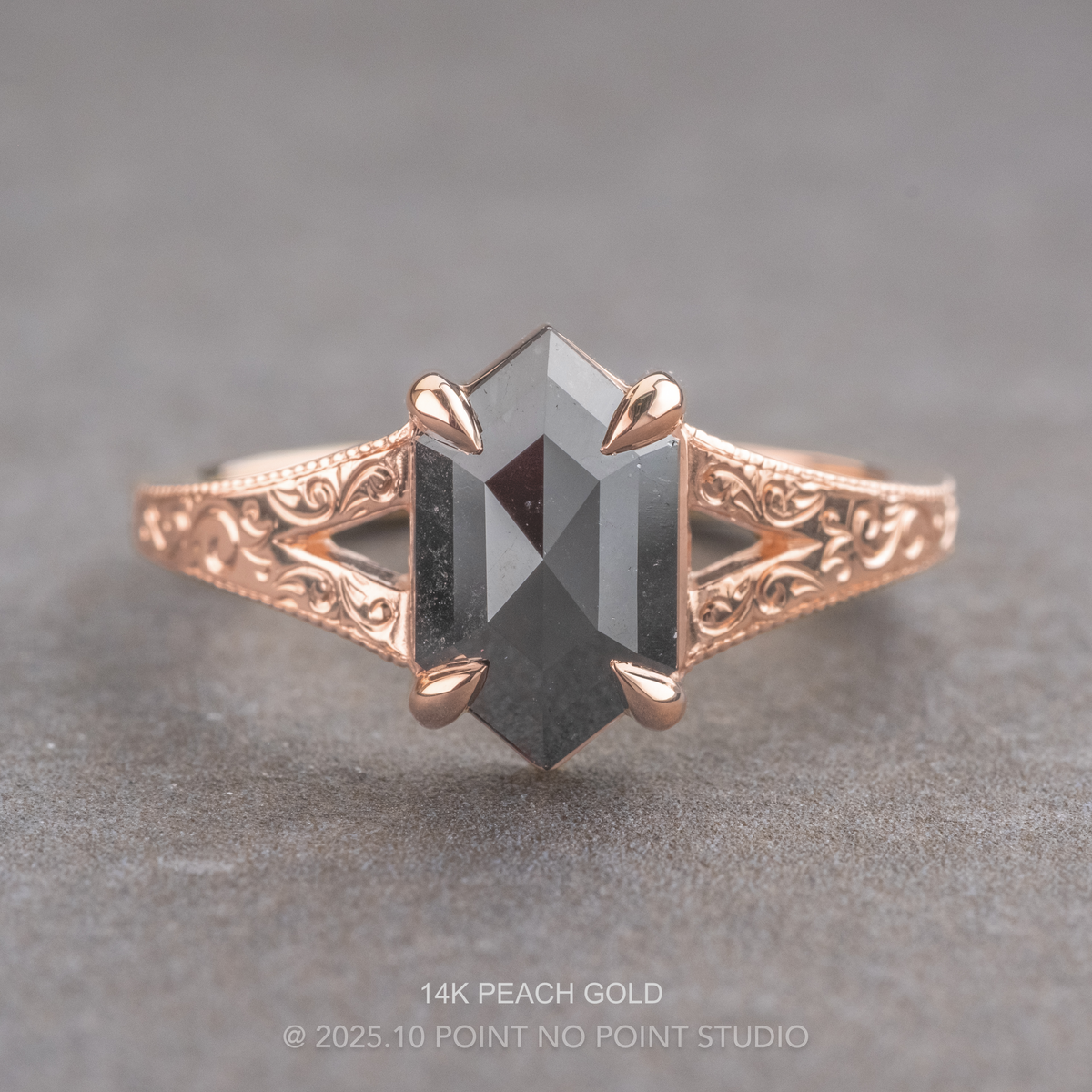 1.41 Carat Black Hexagon Diamond Engagement Ring, Engraved Split Shank Jane